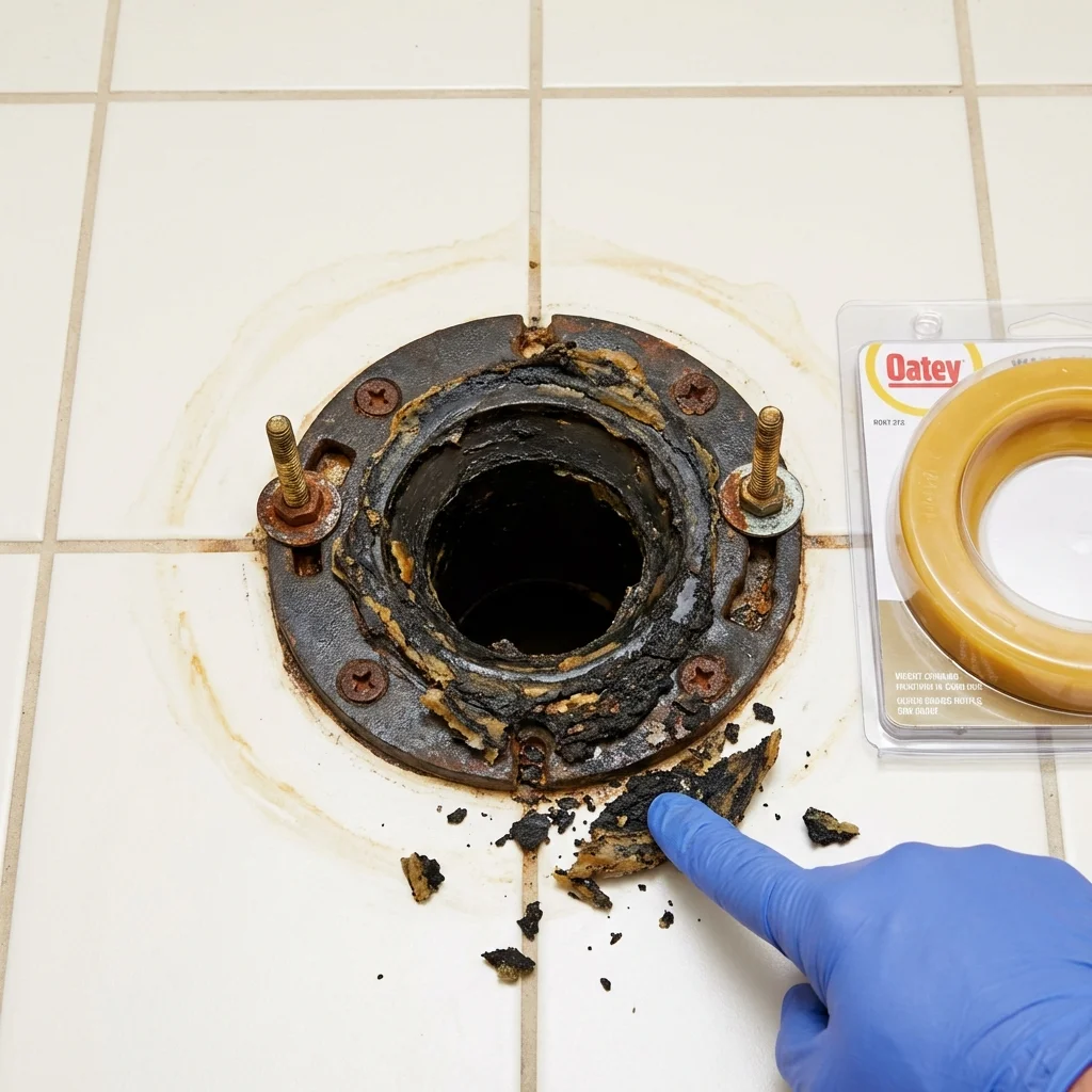 Failed wax ring showing water seepage at the base of a toilet in a Alexandria, VA home