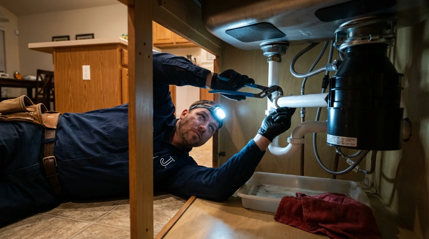 P-trap and supply line connections under a kitchen sink showing a common leak point in Alexandria, VA